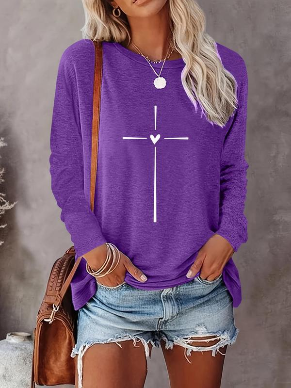 Women's Heart & Cross Print Round Neck Tee, Casual Long Sleeve Crew Neck T-shirt for Spring & Fall, Fashion Women's Top for Daily Wear