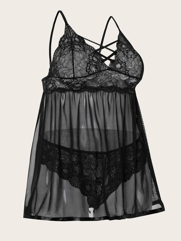 Plus Size Criss Cross Sheer  Sexy Lingerie Set, Adjustable Strap Cami Nightdress & Lace Thong Set , Women's Sleepwear Set for All Seasons