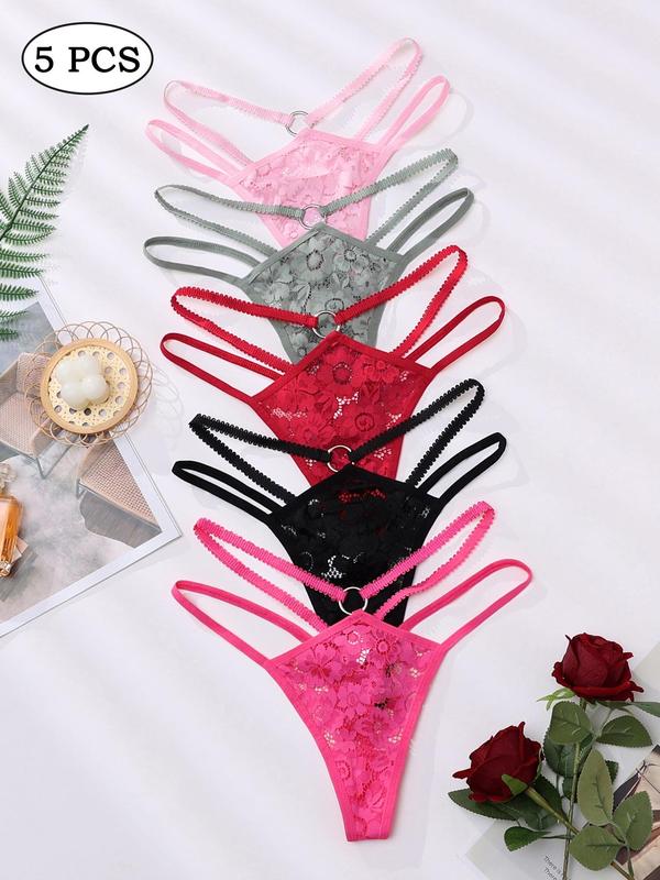 Women's Floral Lace Ring Linked Thong, Breathable Comfortable Sexy Knicker for Daily Wear, Panties for Women, Ladies Underwear for Spring & Fall