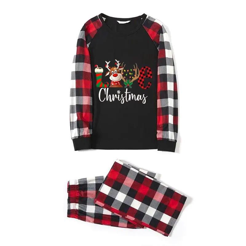 Parent-Child Christmas Pajamas, Romper  Long Sleeve Reindeer Print Tops and Plaid Pants Suit for Kid Dad Mom Sleepwear