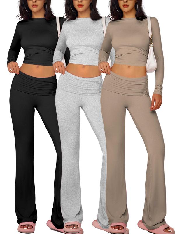 Women's Plain Long Sleeve Tee & Flare Leg Pants Loungewear Set, Casual Comfy Round Neck Top & Bell Bottom Trousers Pj Set, Ladies Sleepwear for All Seasons, Downtown Girl Wear