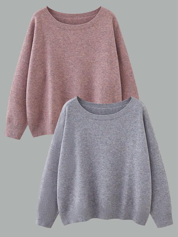 Women's Solid Drop Shoulder Sweater Pullover, Casual Long Sleeve Round Neck Jumper for Fall & Winter, Fashion Ladies' Knitwear for Daily Wear