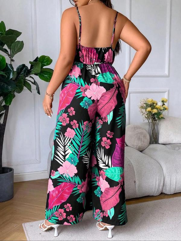  Tropical Print V Neck Cami Jumpsuit, Boho Backless Wide Leg Jumpsuit for Beach Holiday Vacation, Women's Plus Clothing for Summer