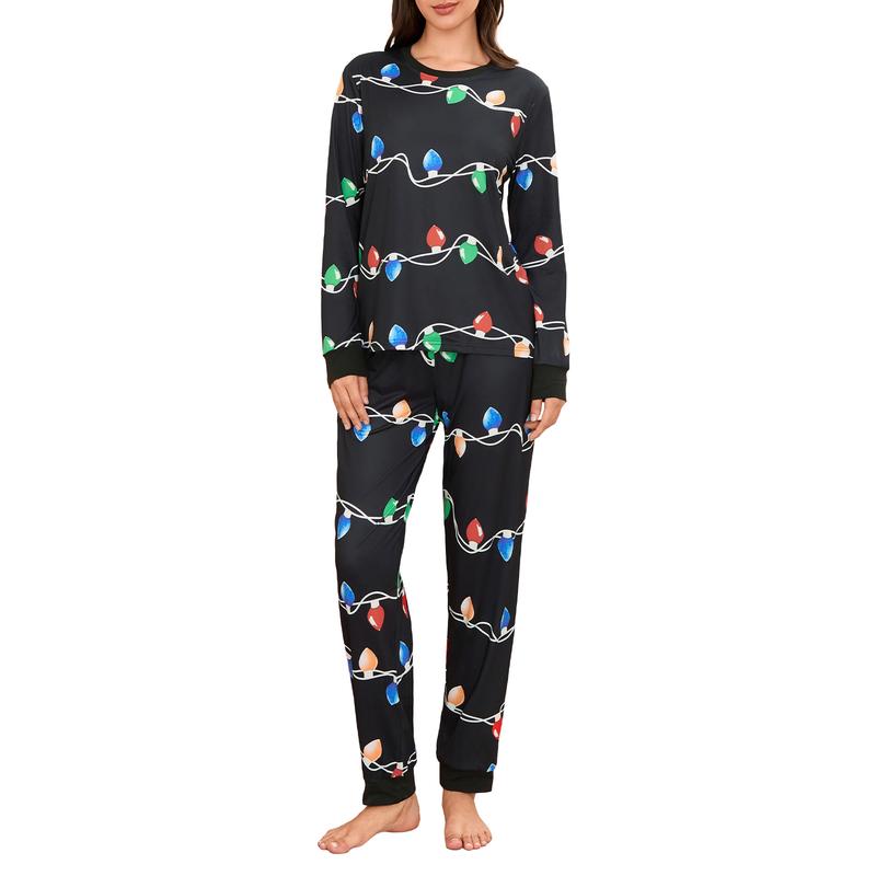 Family Matching Christmas Pajamas Set String Light Print Long Sleeve Tops Elastic Waist Long Pants