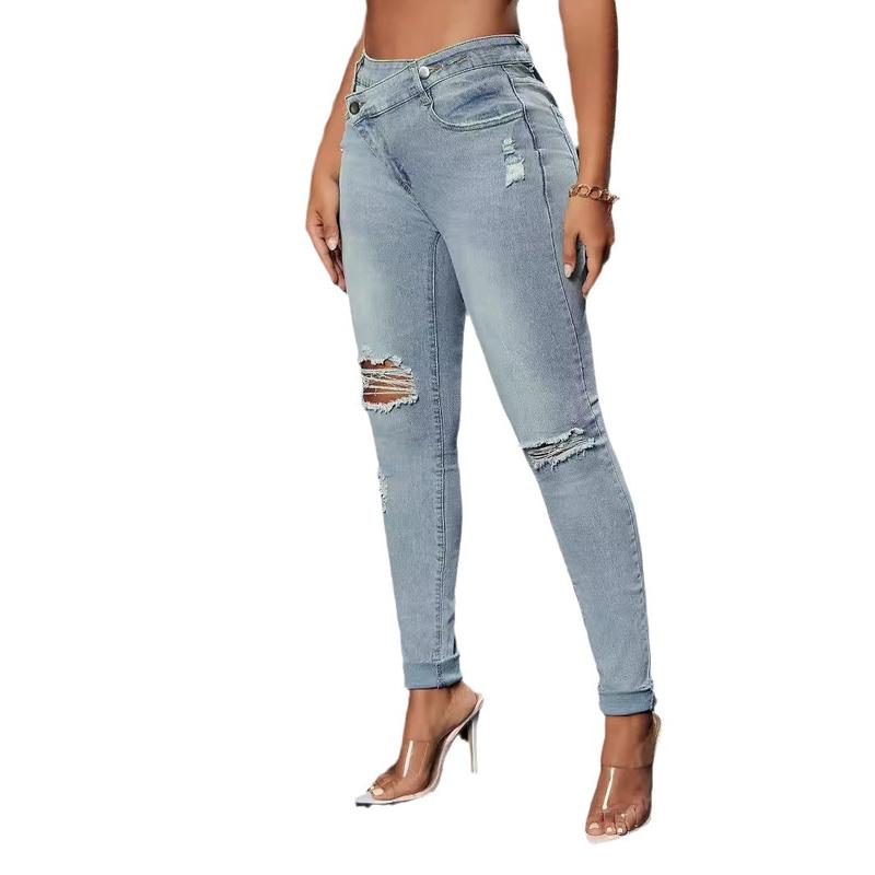 Maomous Broken Hole Washed Jeans Women's Slim Small Feet Design 7sjeans Align Tank Denim Skinny isabella  ladera  Belt nice  jeans  Womenswear  Button