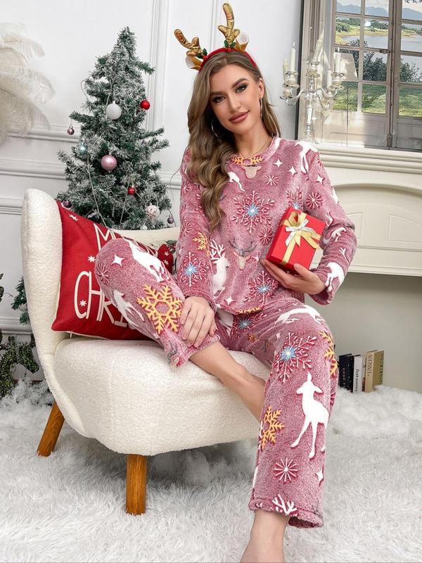 Two-piece Set Women's Glow in The Dark Christmas Themed Reindeer & Snowflake Print Long Sleeve Flannel Pajama, Casual Comfortable Round Neck Top & Elastic Waist Pants Pj Set,  Pajama Sets Women, Ladies Sleepwear for Fall & Winter