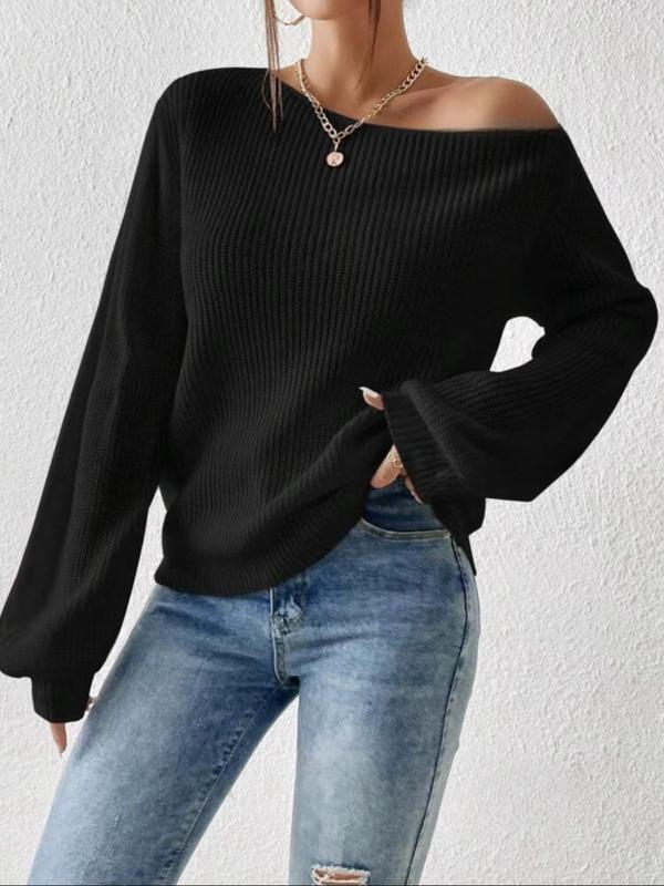 Women's Plain Bishop Sleeve Boat Neck Sweater, Sweaters for Women, Casual Long Sleeve Jumper for Fall & Winter, Fashion Ladies' Knitwear for Daily Wear Downtown Girl Clothes