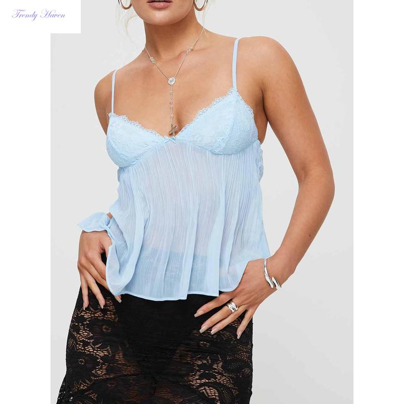 Women's Pleated Camisole Mini Bowknot Front Spaghetti Strap V-Neck Lace Cropped Tops