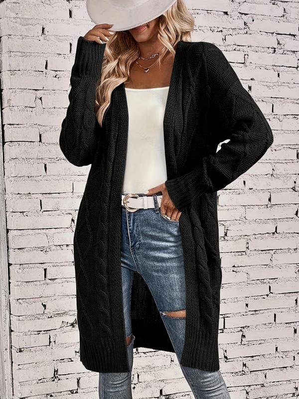 Women's Comfortable Plain Comfort Chunky Cable Open Front Long Cardigan, Basic Minimalist Womenswear, Casual Drop Shoulder Long Sleeve Cardigan, Women Knitwear for Fall & Winter, Cardigans for Women, Fall Clothing Women