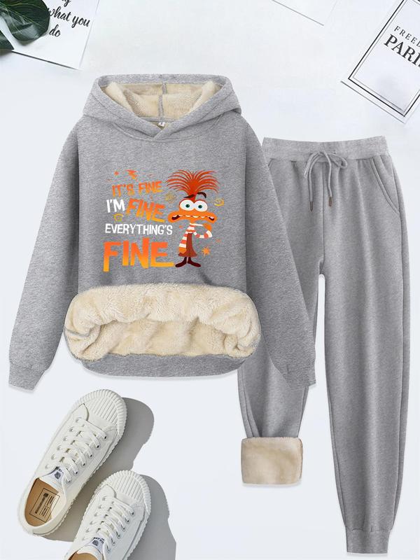 Two-piece Set Women's Letter Print Thermal Lined Sweatshirt & Drawstring Waist Sweatpants Set, Casual Long Sleeve Hooded Sweatshirt  & Pocket Jogger Pants, Women's Fall & Winter Clothes