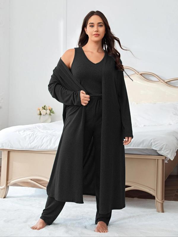 Plus Size Solid V Neck Tank Top & Elastic Waist Pants & Open Front Lounge Robe Set, Casual Comfy Sleepwear Set,  Robe for Women, Pajama Sets Women, Women's Sleepwear for All Seasons