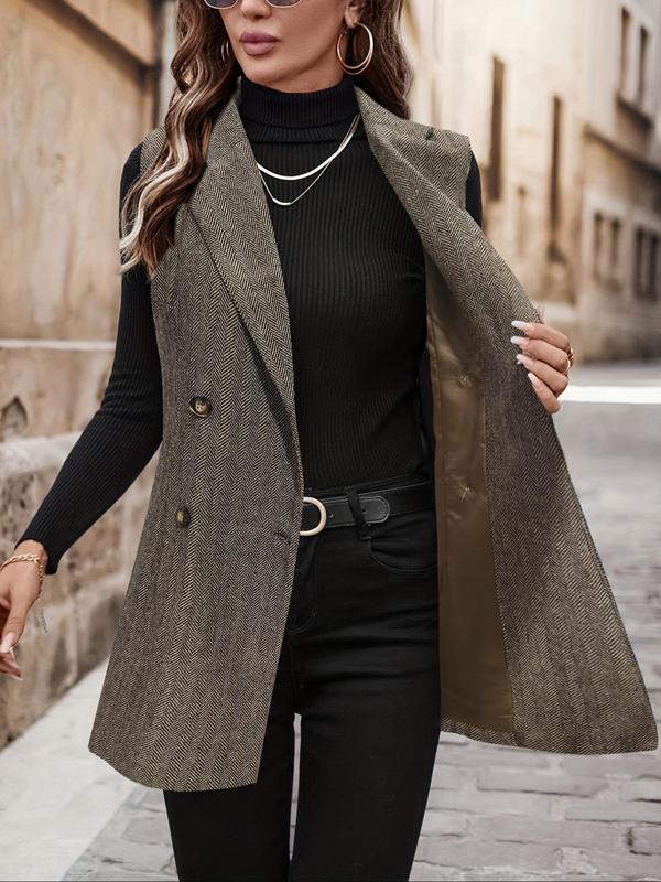 Women's All Over Herringbone Pattern Button Front Vest Blazer, Casual Lapel Neck Sleeveless Outerwear for Daily Wear, Ladies Clothes for All Seasons