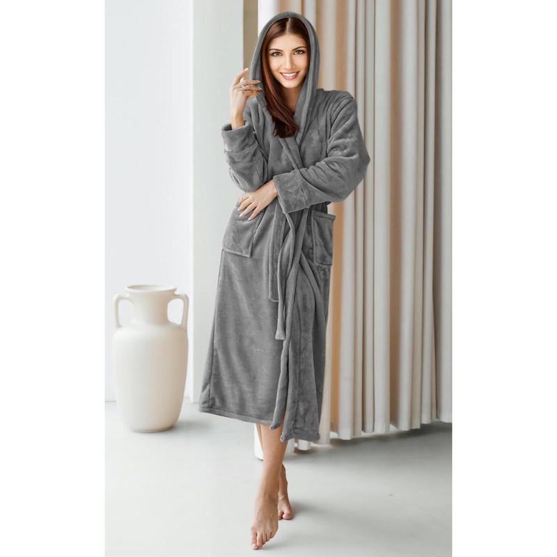 Women's Fleece Hooded Bathrobe Plush Long Spa Robe