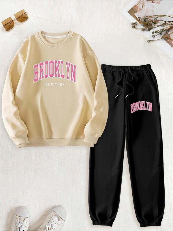 Two-piece Set Women's Letter Print Thermal Lined  Sweatshirt & Pocket Drawstring Waist Sweatpants, Casual Fashion Cozy Round Neck Long Sleeve Pullover & Elastic Waist Trousers for Daily Wear, Ladies Fall & Winter Clothes