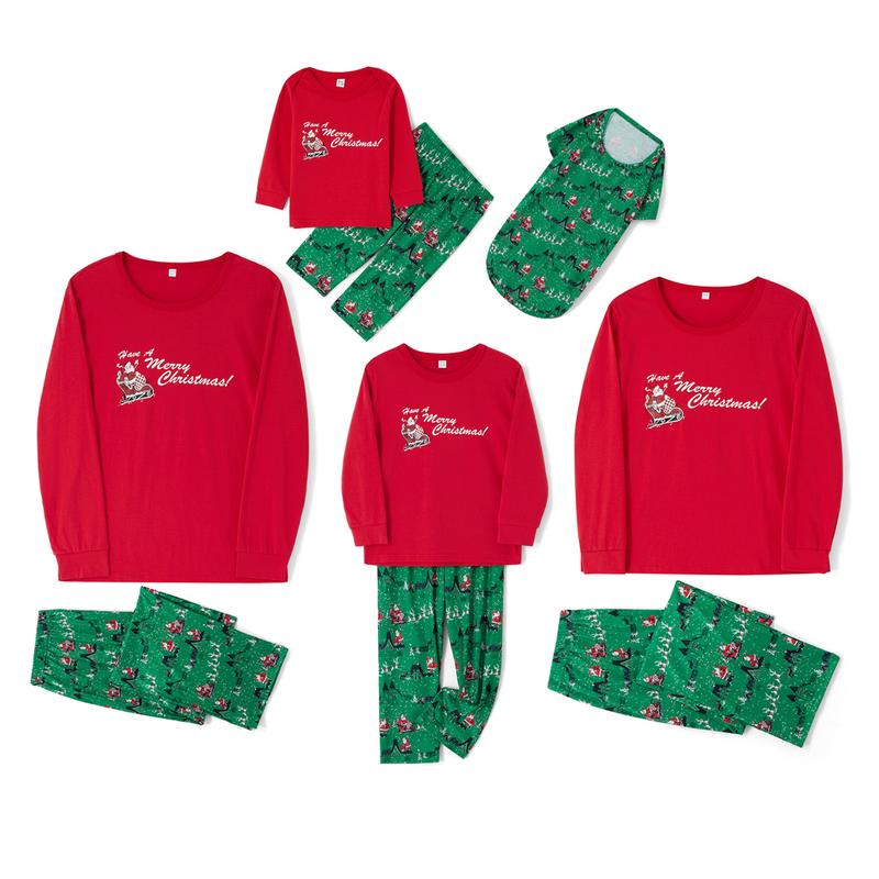 Red Green Family Matching Christmas Pajamas, Santa Claus Letter Print Long Sleeve Round Neck T-Shirt + Elk Print Pants, Dog Costume