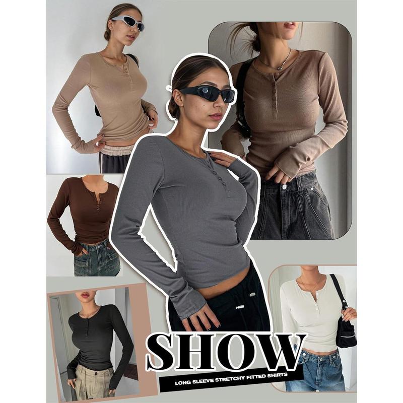 Women's Long Sleeve Shirts 3 Packs Henley Button Down Tops Ribbed Slim Fit Base Layer Soft Thermal Tee