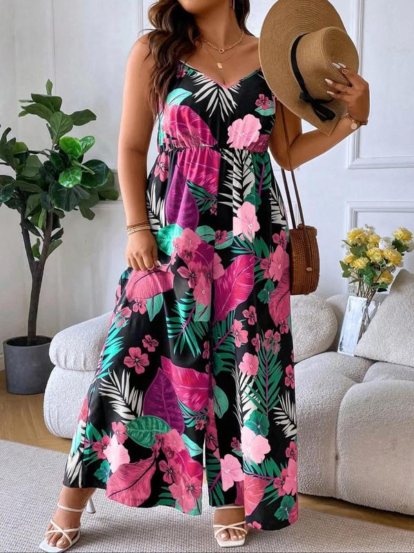  Tropical Print V Neck Cami Jumpsuit, Boho Backless Wide Leg Jumpsuit for Beach Holiday Vacation, Women's Plus Clothing for Summer