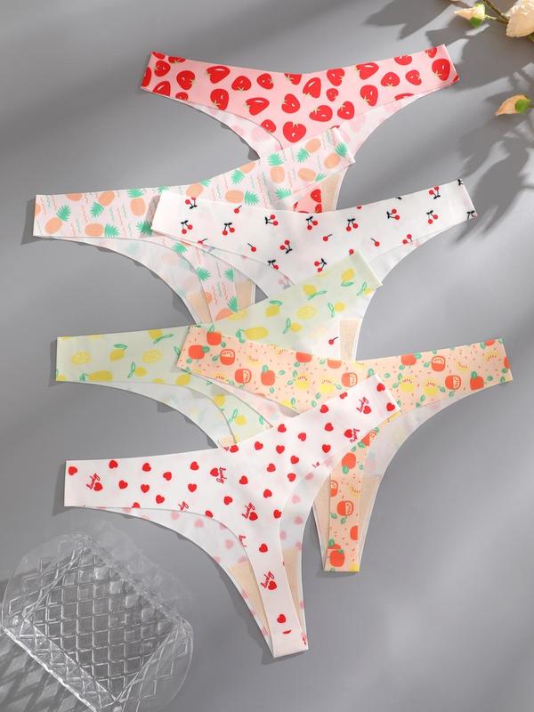 Women's All Over Fruit Print Drop Waist Thong, Soft Comfy Breathable Seamless Panty for Daily Wear, Underwear for All Seasons