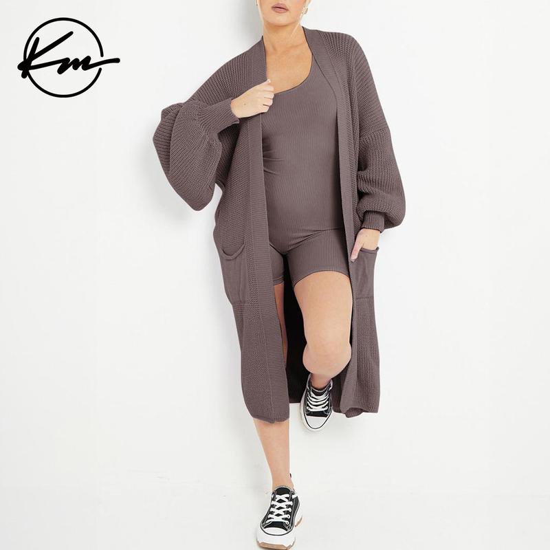 KatchMe Longline Balloon Sleeve Cardigan (Fits US 2-22),Trendy Knitwear,Plain Open-Front Side Pockets Cardigan,Clothes Length 43.5