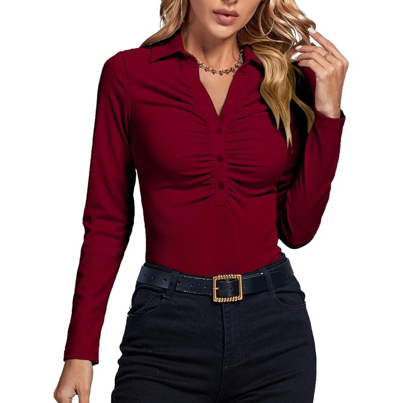 Women's Rib Knit Collar Deep V Neck Ruched Buttons Long Sleeve Bodysuit Leotard Top