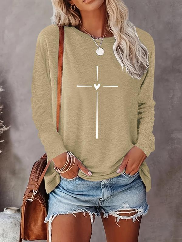 Women's Heart & Cross Print Round Neck Tee, Casual Long Sleeve Crew Neck T-shirt for Spring & Fall, Fashion Women's Top for Daily Wear