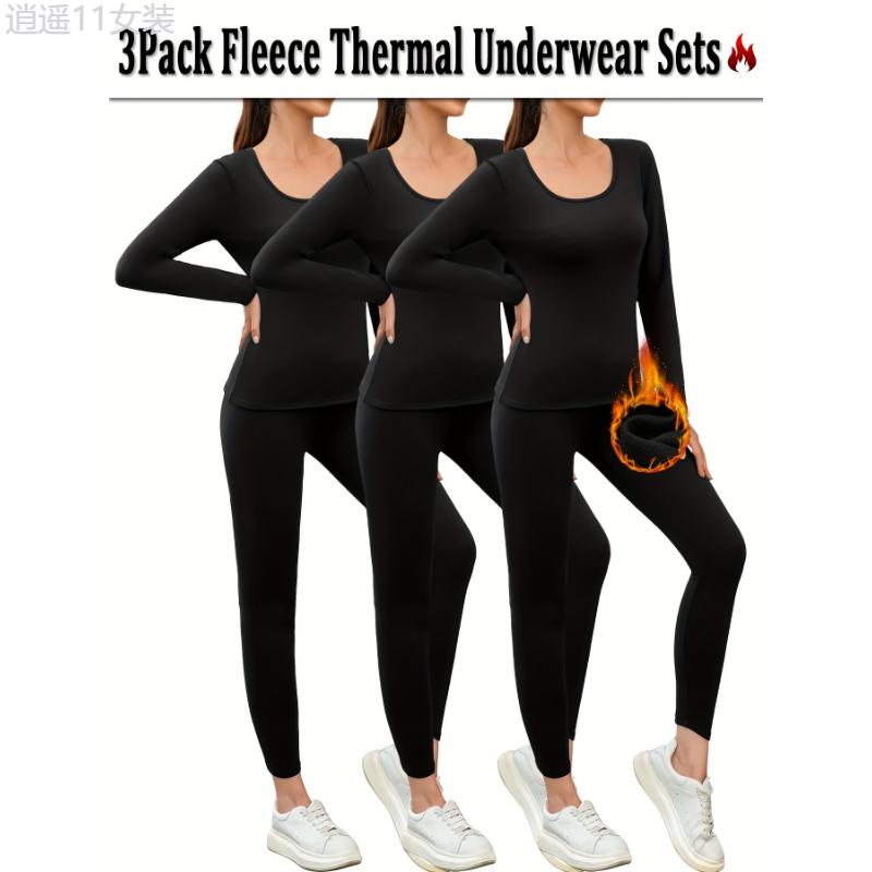 3-Pack Thermal Fleece Women'S Underwear Set - High Stretch Polyester Knit Fabric, Solid Color, Warm Lined Top and Sport Leggings - For Women - Ideal for Workout, Yoga, Loungewear, Cold Weather Pajamas - Perfect Gift for Winter Spandex Womenswear