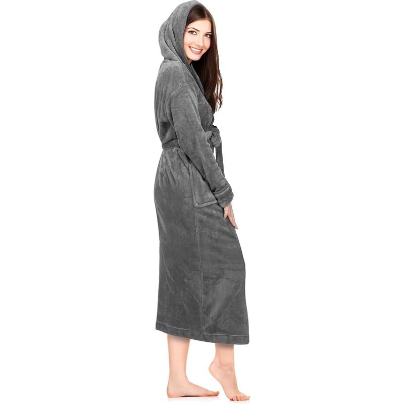 Women's Fleece Hooded Bathrobe Plush Long Spa Robe