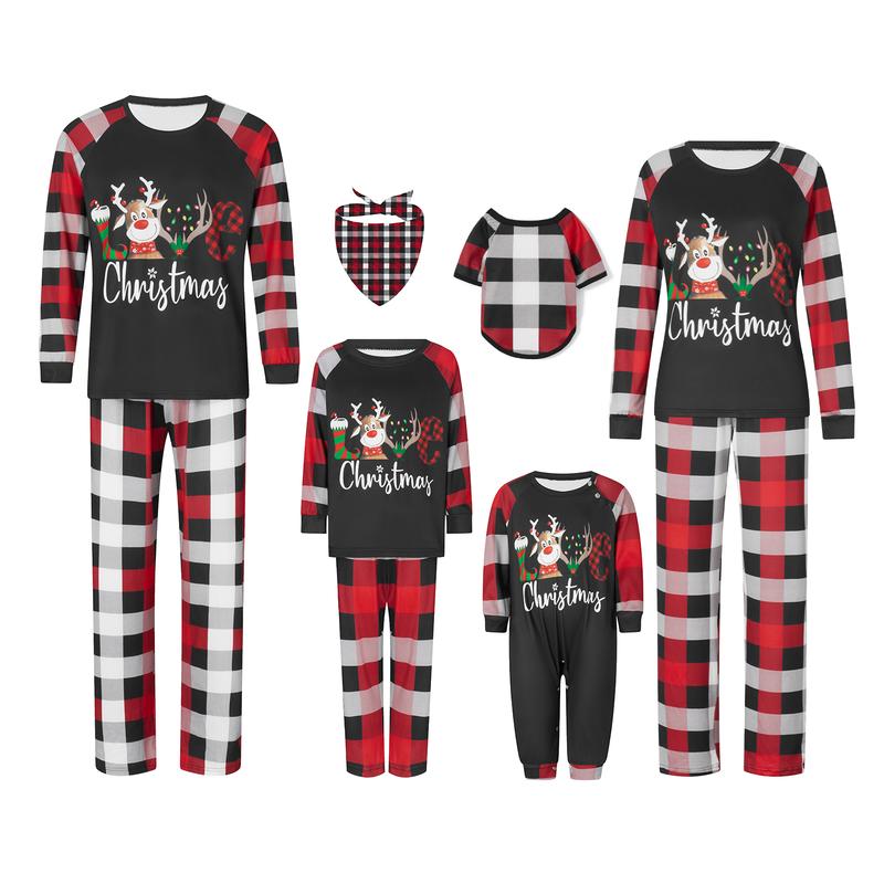 Parent-Child Christmas Pajamas, Romper  Long Sleeve Reindeer Print Tops and Plaid Pants Suit for Kid Dad Mom Sleepwear