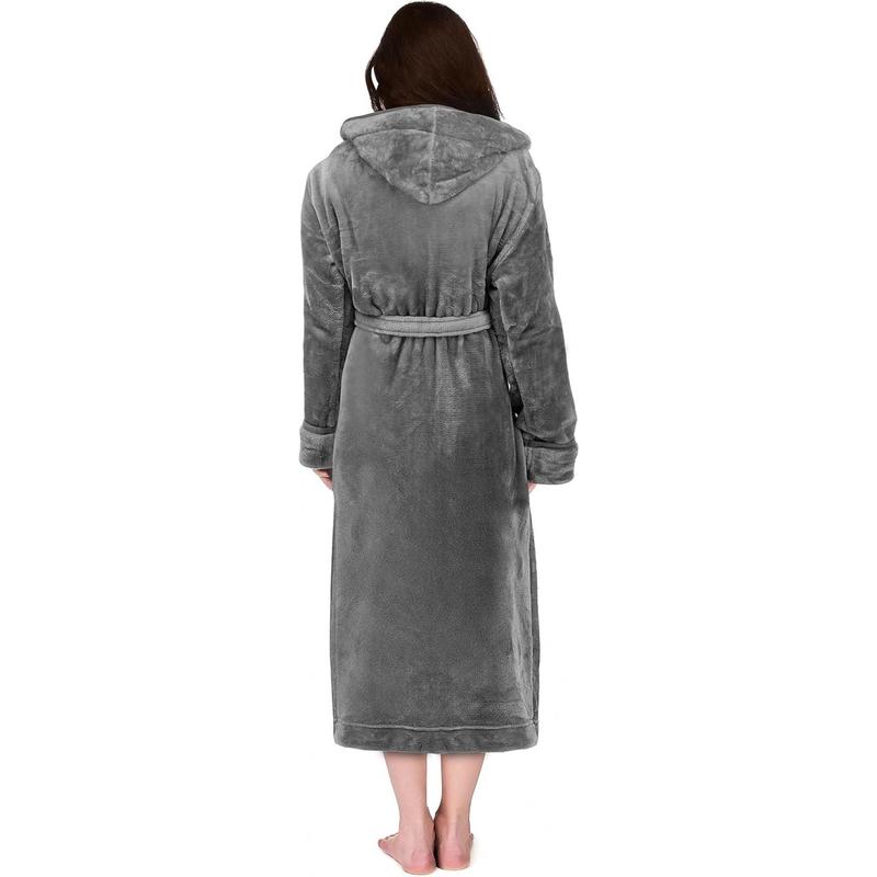 Women's Fleece Hooded Bathrobe Plush Long Spa Robe