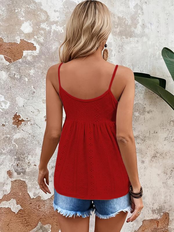 Women's Plain Eyelet Embroidery Cami Top, Casual Spaghetti Strap Sleeveless Top for Daily Wear, Ladies Clothes for All Seasons, Fall Outfits, Fallfreshness