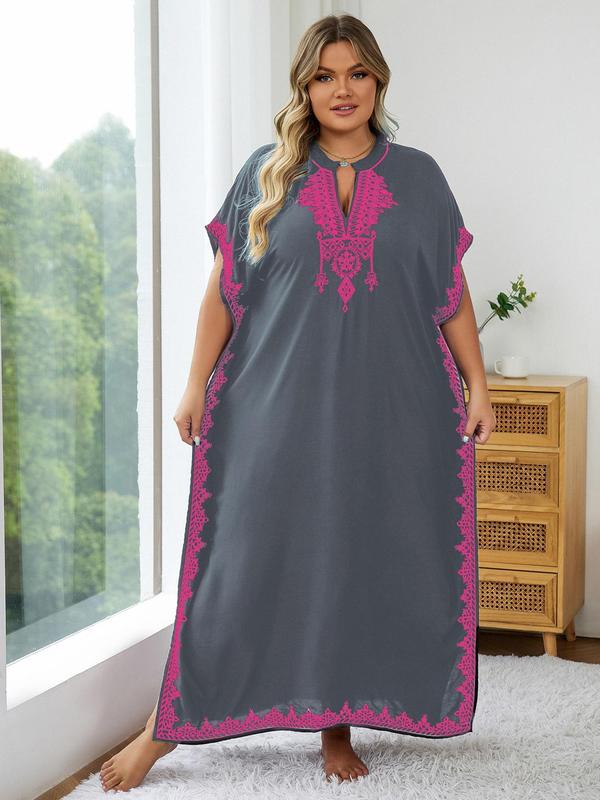  Ethnic Pattern Embroidered Split Kaftan Dress, Boho Notched Neck Batwing Sleeve Long Dress, Ladies Dresses, Dress in Club, Dresses for Women, Women's Summer Clothes, Summer Dresses 2024