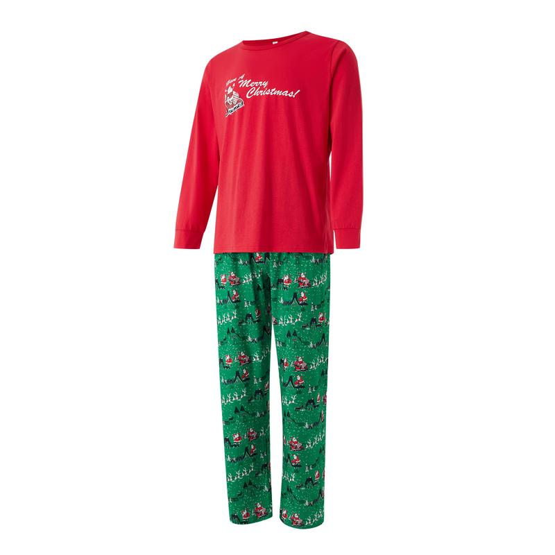 Red Green Family Matching Christmas Pajamas, Santa Claus Letter Print Long Sleeve Round Neck T-Shirt + Elk Print Pants, Dog Costume