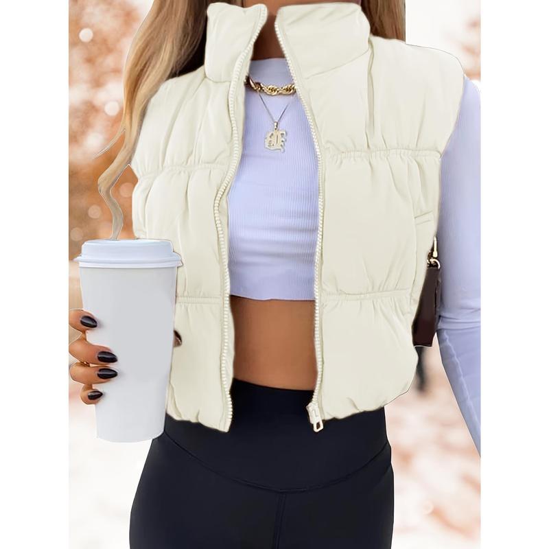 Cropped Sleeveless Puffer Vest for Women, Zip Up Stand Collar Padded