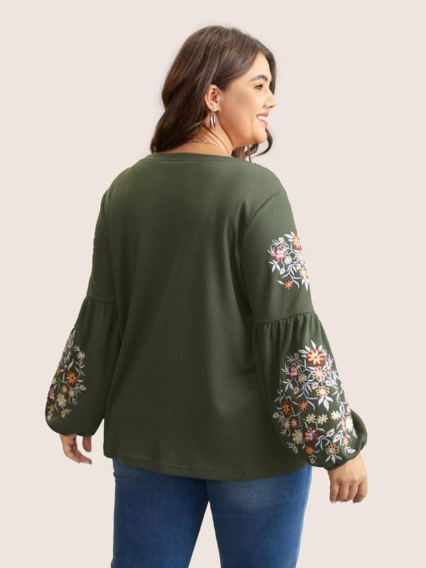 BloomChic Waffle Knit Floral Embroidered Lantern Sleeve T-shirt