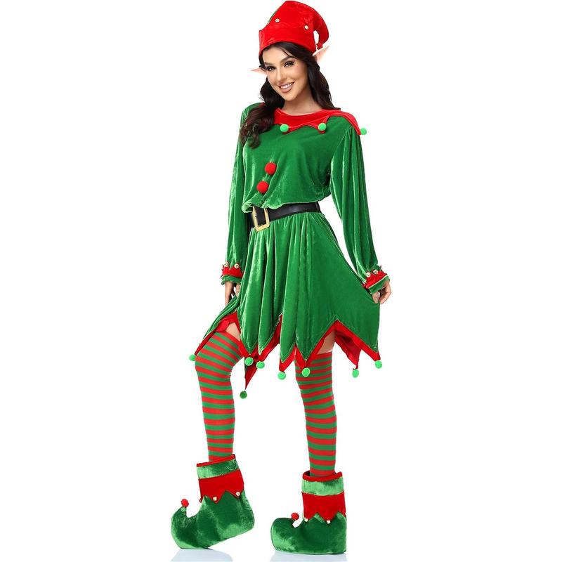 6 Pack Women Christmas Elf Costume Set Velvet Dress Santa's Helper Costume Xmas Outfit Elf Hat Shoes Ears Belt Socks