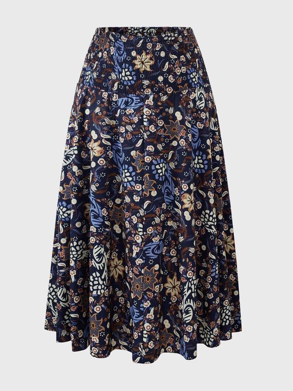  Vintage All Over Floral Print Shirred High Waist Skirt, Vacation Clothes, Boho Casual Long A Line Skirt for Holiday Vacation Daily Wear, Women's Bottoms for All Seasons, Skirts for Women, Fall Clothing, Vintage Clothing