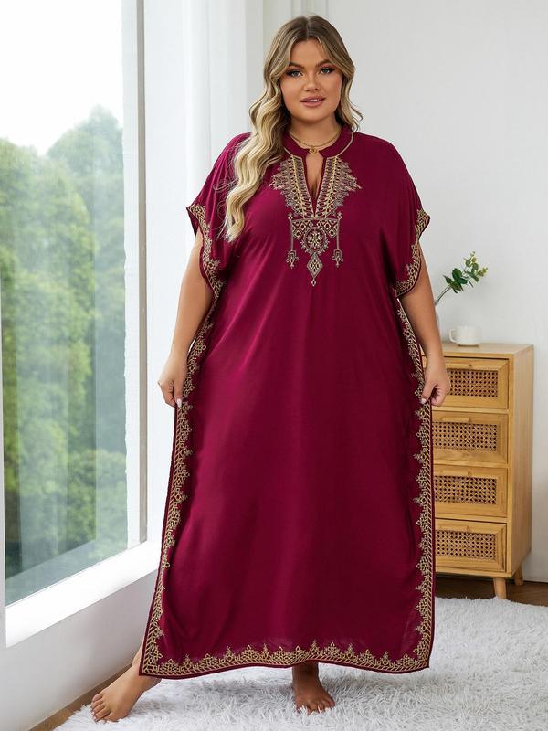  Ethnic Pattern Embroidered Split Kaftan Dress, Boho Notched Neck Batwing Sleeve Long Dress, Ladies Dresses, Dress in Club, Dresses for Women, Women's Summer Clothes, Summer Dresses 2024