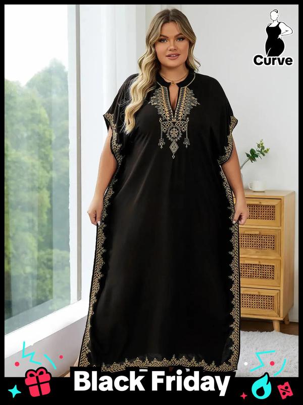  Ethnic Pattern Embroidered Split Kaftan Dress, Boho Notched Neck Batwing Sleeve Long Dress, Ladies Dresses, Dress in Club, Dresses for Women, Women's Summer Clothes, Summer Dresses 2024