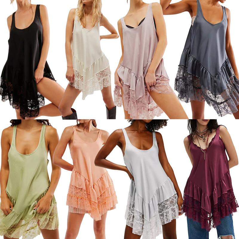 Women Sexy Lace Mini Dress Patchwork Deep U-Neck Backless Sleeveless Short Dress Sleepwear