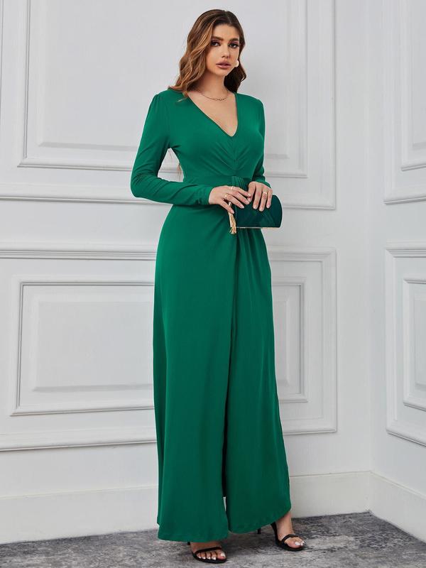 Women's Plain Ruched Split Thigh Wrap Dress, Deep V Neck Long Sleeve A Line Dress for Party Prom Holiday Wedding Guest, Ladies Spring & Fall Clothes