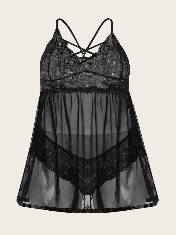 Plus Size Criss Cross Sheer  Sexy Lingerie Set, Adjustable Strap Cami Nightdress & Lace Thong Set , Women's Sleepwear Set for All Seasons