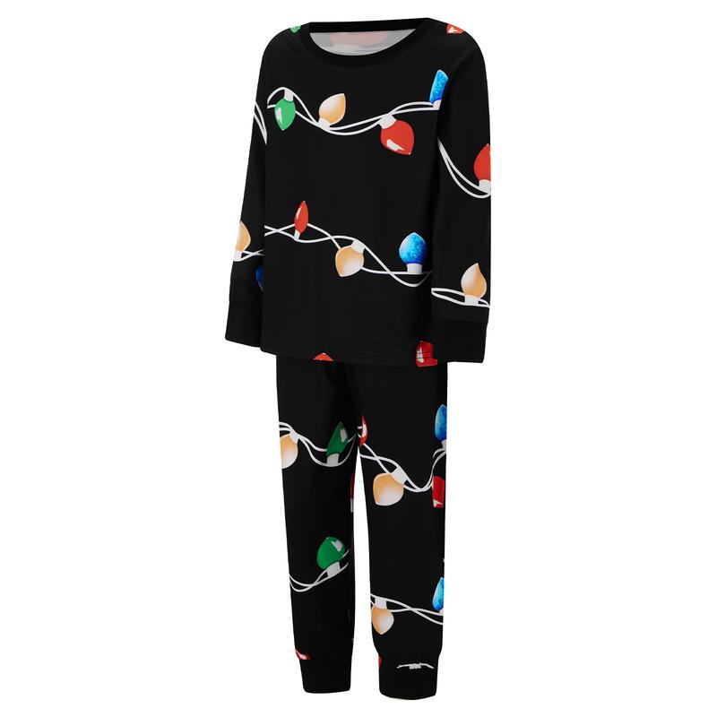 Family Matching Christmas Pajamas Set String Light Print Long Sleeve Tops Elastic Waist Long Pants