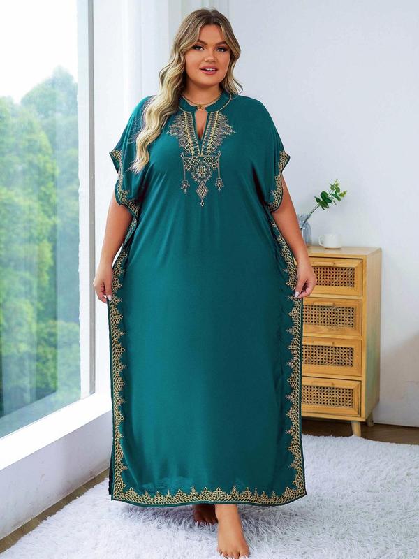  Ethnic Pattern Embroidered Split Kaftan Dress, Boho Notched Neck Batwing Sleeve Long Dress, Ladies Dresses, Dress in Club, Dresses for Women, Women's Summer Clothes, Summer Dresses 2024