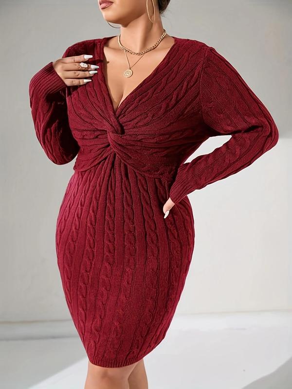  Solid Twist Front Textured Sweater Dress, Elegant V Neck Long Sleeve Bodycon Dress for Daily Outdoor Wear, Women's Clothing for All Seasons