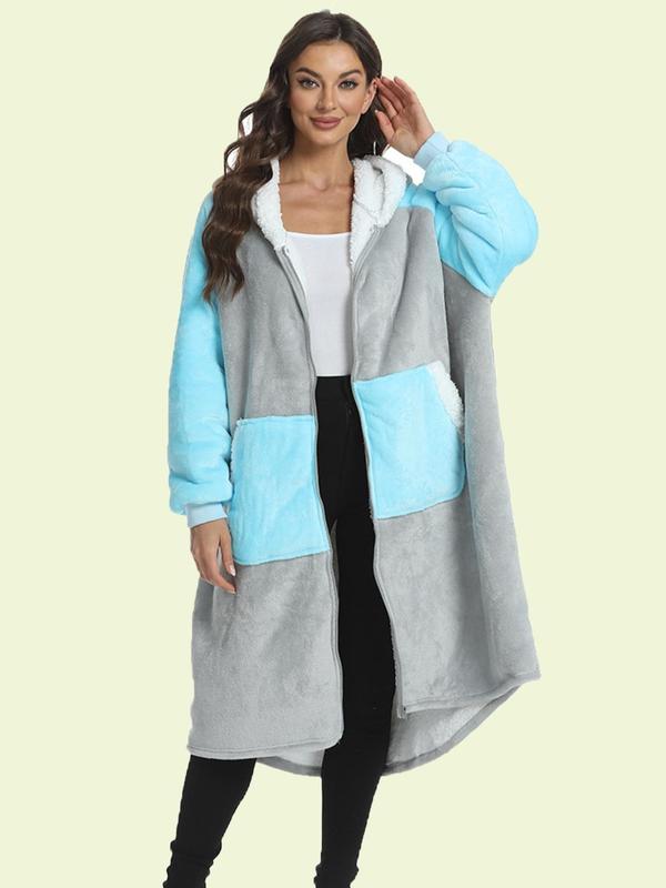 Women's Pocket Zipper Raglan Sleeve Flannel Lounge Robe, Casual Long Sleeve Hooded Thermal Lined Loungewear, Ladies Fall & Winter Sleepwear