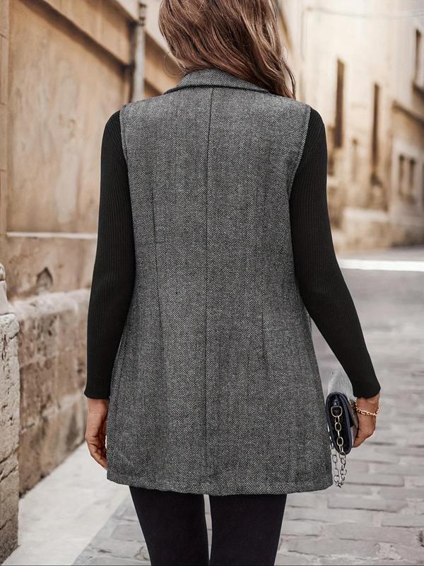 Women's All Over Herringbone Pattern Button Front Vest Blazer, Casual Lapel Neck Sleeveless Outerwear for Daily Wear, Ladies Clothes for All Seasons