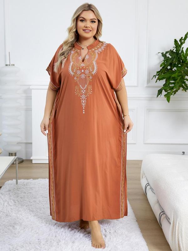  Ethnic Pattern Embroidered Split Kaftan Dress, Boho Notched Neck Batwing Sleeve Long Dress, Ladies Dresses, Dress in Club, Dresses for Women, Women's Summer Clothes, Summer Dresses 2024