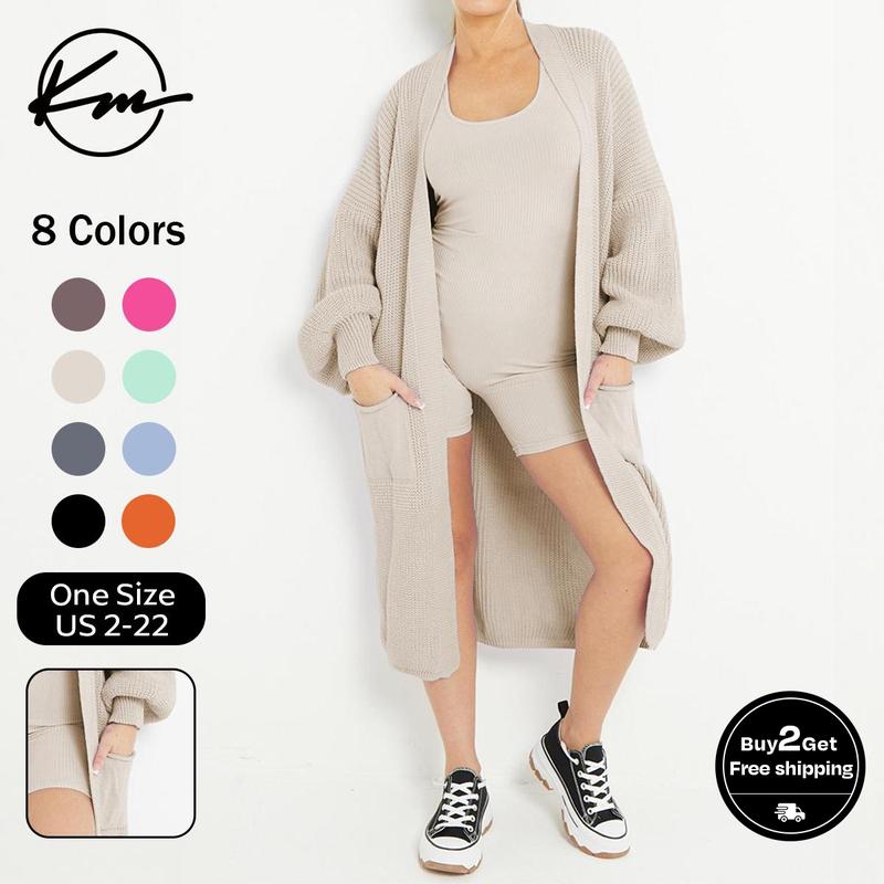 KatchMe Longline Balloon Sleeve Cardigan (Fits US 2-22),Trendy Knitwear,Plain Open-Front Side Pockets Cardigan,Clothes Length 43.5