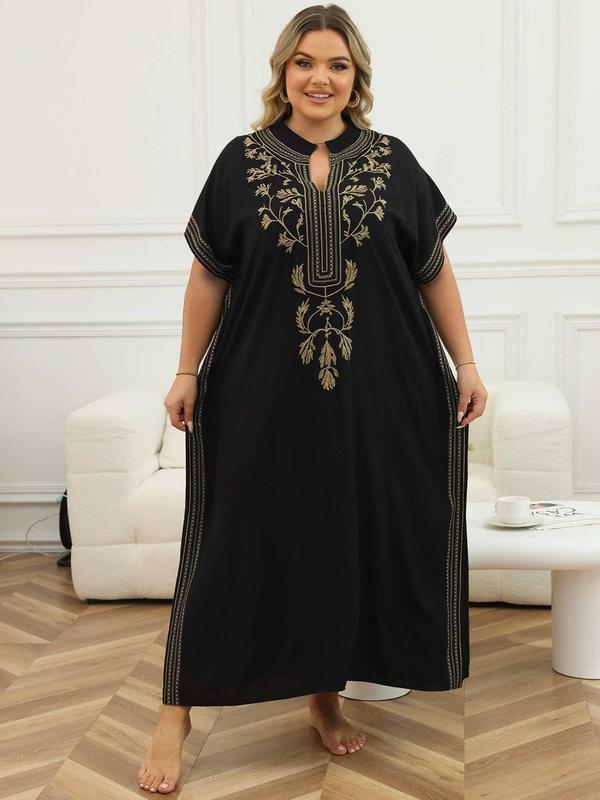  Ethnic Pattern Embroidered Split Kaftan Dress, Boho Notched Neck Batwing Sleeve Long Dress, Ladies Dresses, Dress in Club, Dresses for Women, Women's Summer Clothes, Summer Dresses 2024