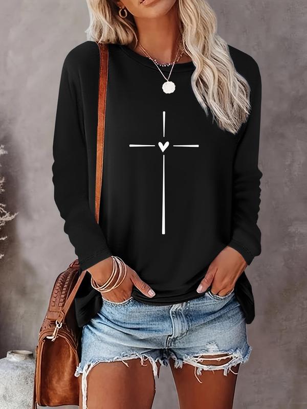 Women's Heart & Cross Print Round Neck Tee, Casual Long Sleeve Crew Neck T-shirt for Spring & Fall, Fashion Women's Top for Daily Wear